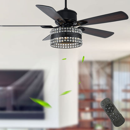 BD2069-52 Inch Large Size Black Color Caged Reversible Crystal Ceiling Fan with Remote and Lights