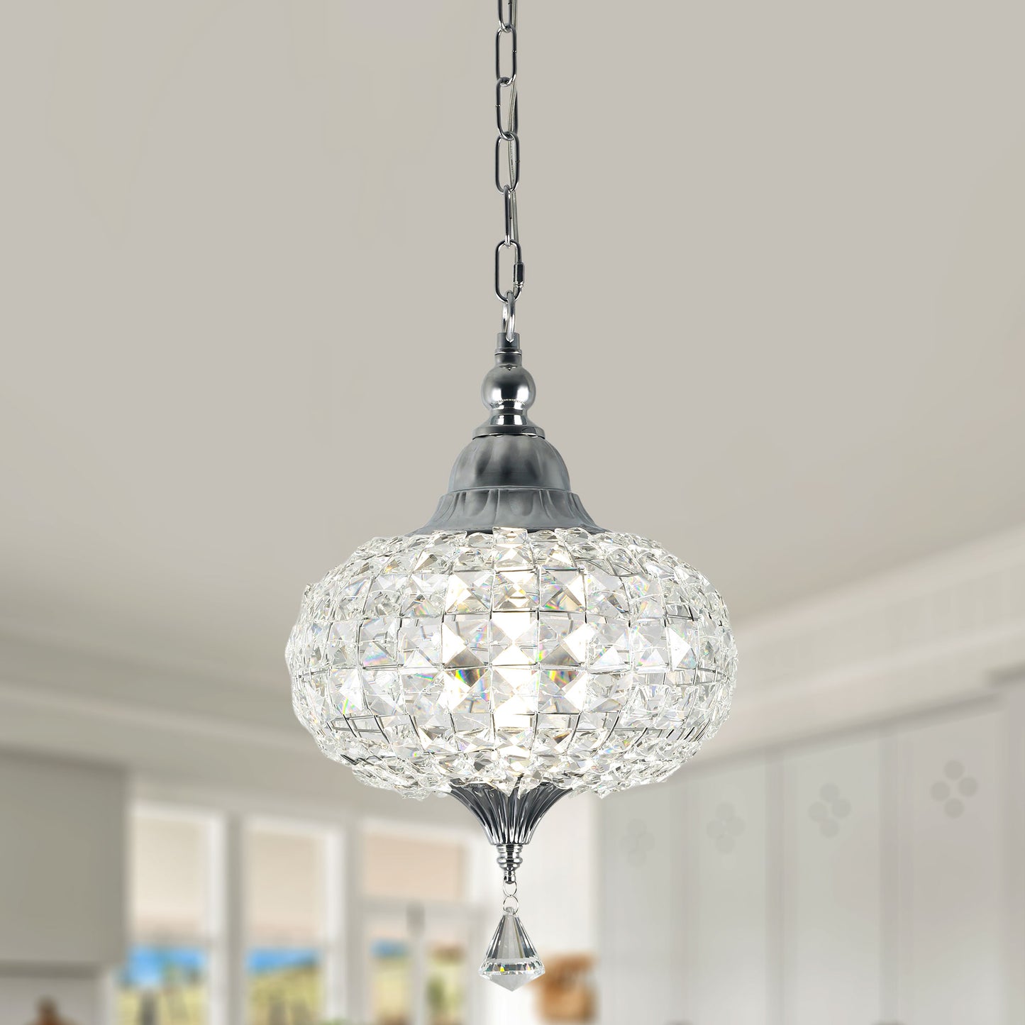 FC4073-Black/Silver Glamorous Luxury Crystal Chandelier, Geometric Pendant Light, Height Adjustable