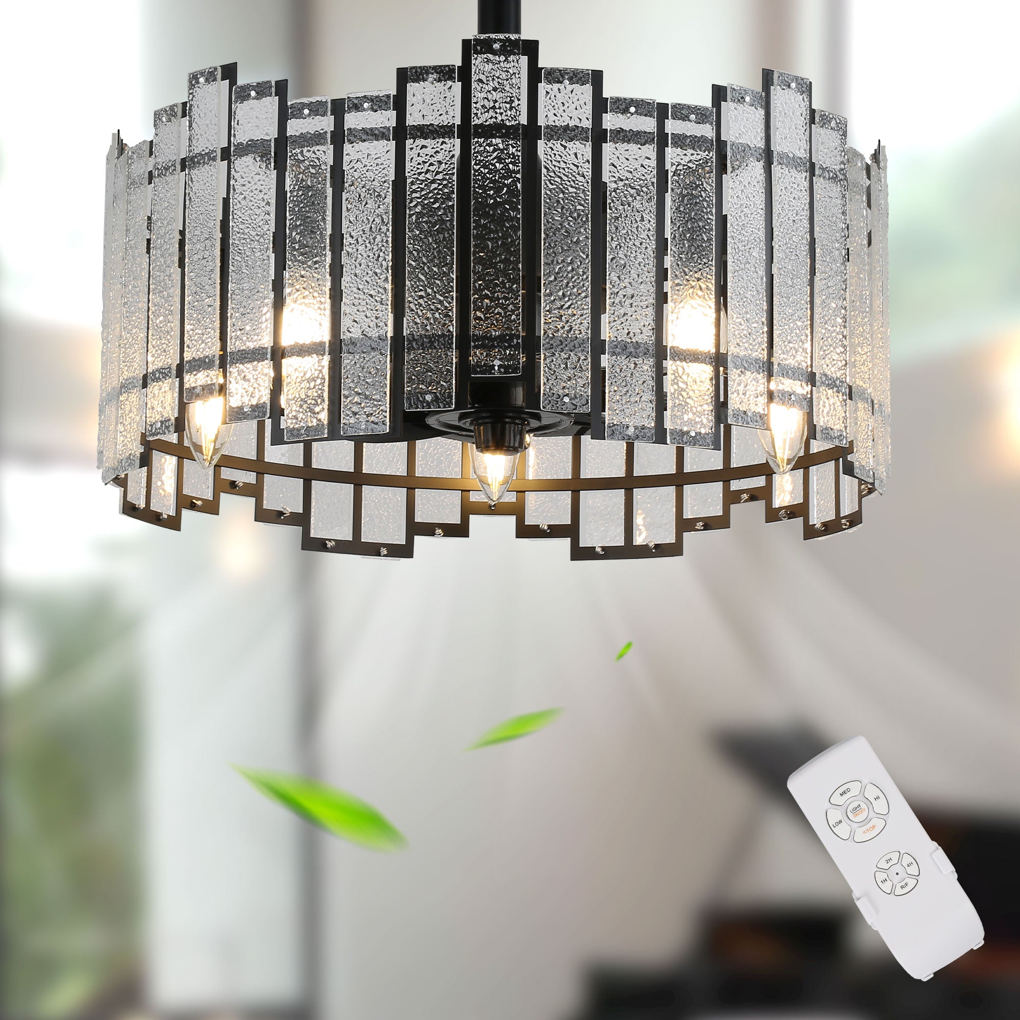 BD1901-BellaDepot 18.5" Modern Water Ripple Glass Reversible Ceiling Fan with Remote and 5 Lights