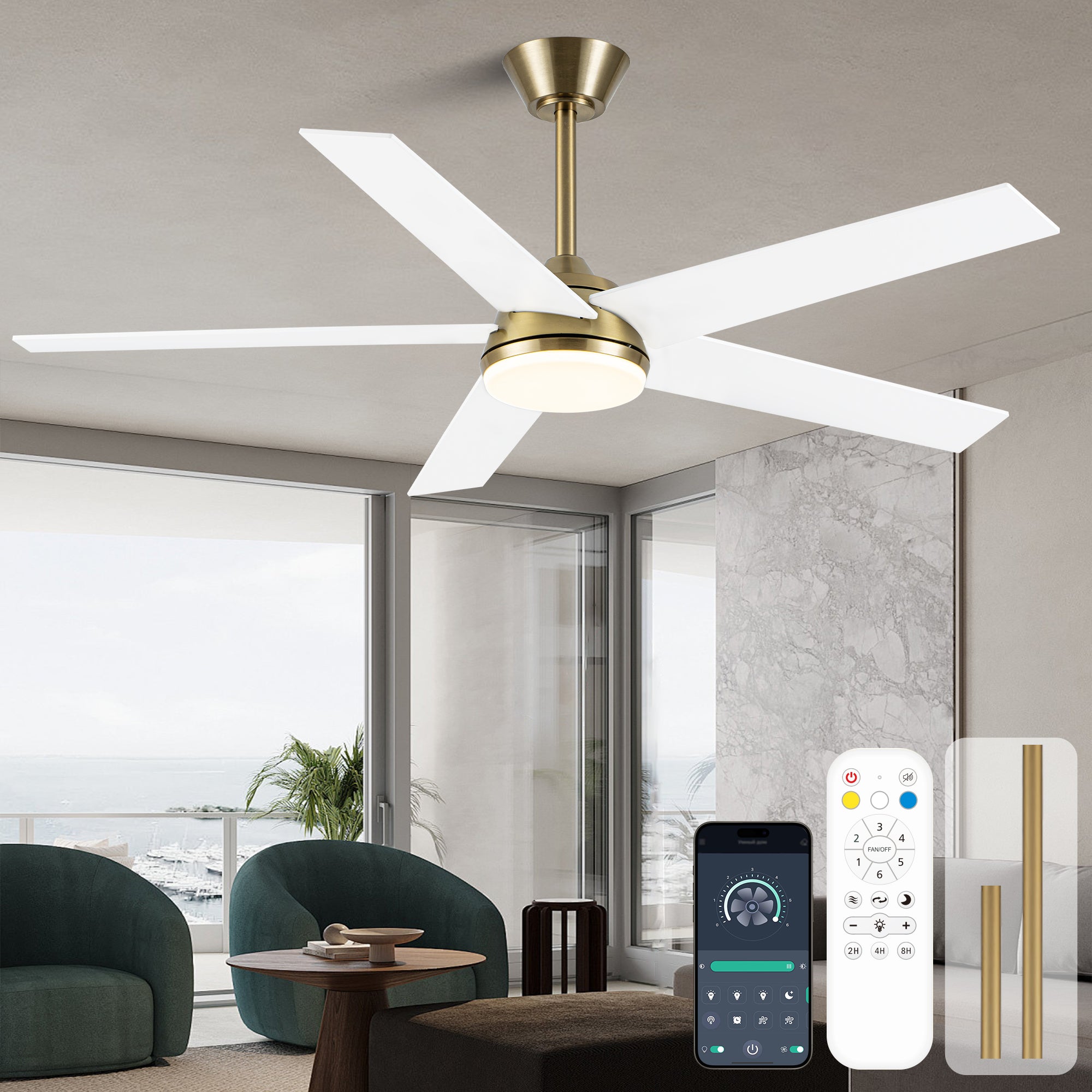 52 Inch Modern Smart Gold Ceiling Fan with Dimmable LED Light and Remote & APP Control, 6-Speed DC Motor Reversible Ceiling Fan