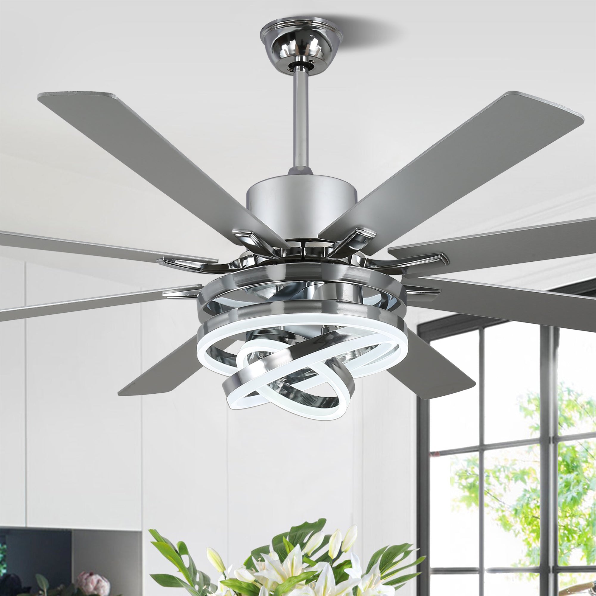 72 Inch Black/Gold/Chrome 8-Blade Modern Extra Large Ceiling Fan with LED Light and Remote, 6 Speeds DC Motor Reversible Ceiling Fan DIY Shade