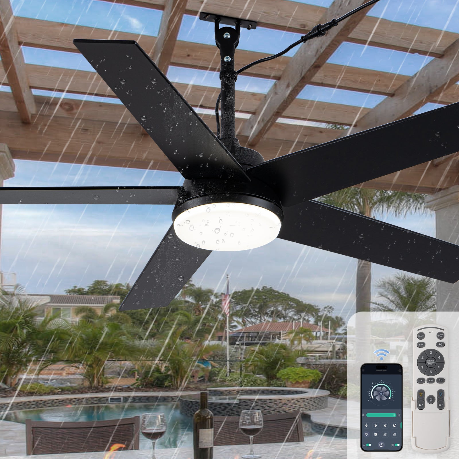 Industrial 48 Inch Outdoor Ceiling Fan with Light, Waterproof Black Blades, Dimmable LED and Remote Control Ceiling Fan Quiet DC Motor Ceiling Fan Suit for Patio, Gazebos