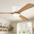 52 Inch Farmhouse Matte White Natural Wood Flush Mount Ceiling Fan with Lights & Remote Control, 6 Speed DC Motor Reversible Ceiling Fan