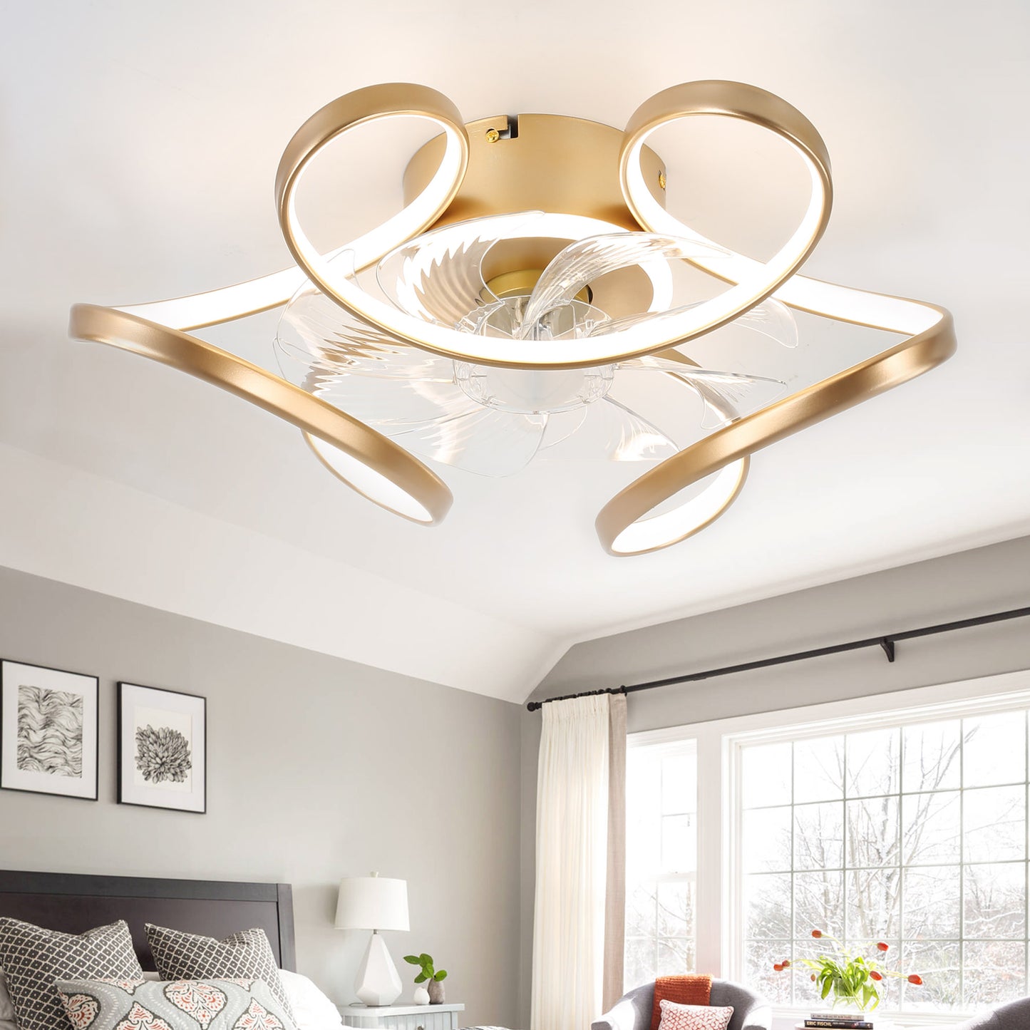 DC2203- 22" Black/Gold/Brown Low Profile Flush Mounted Ceiling Fan, with LED Light Kit Included and Remote