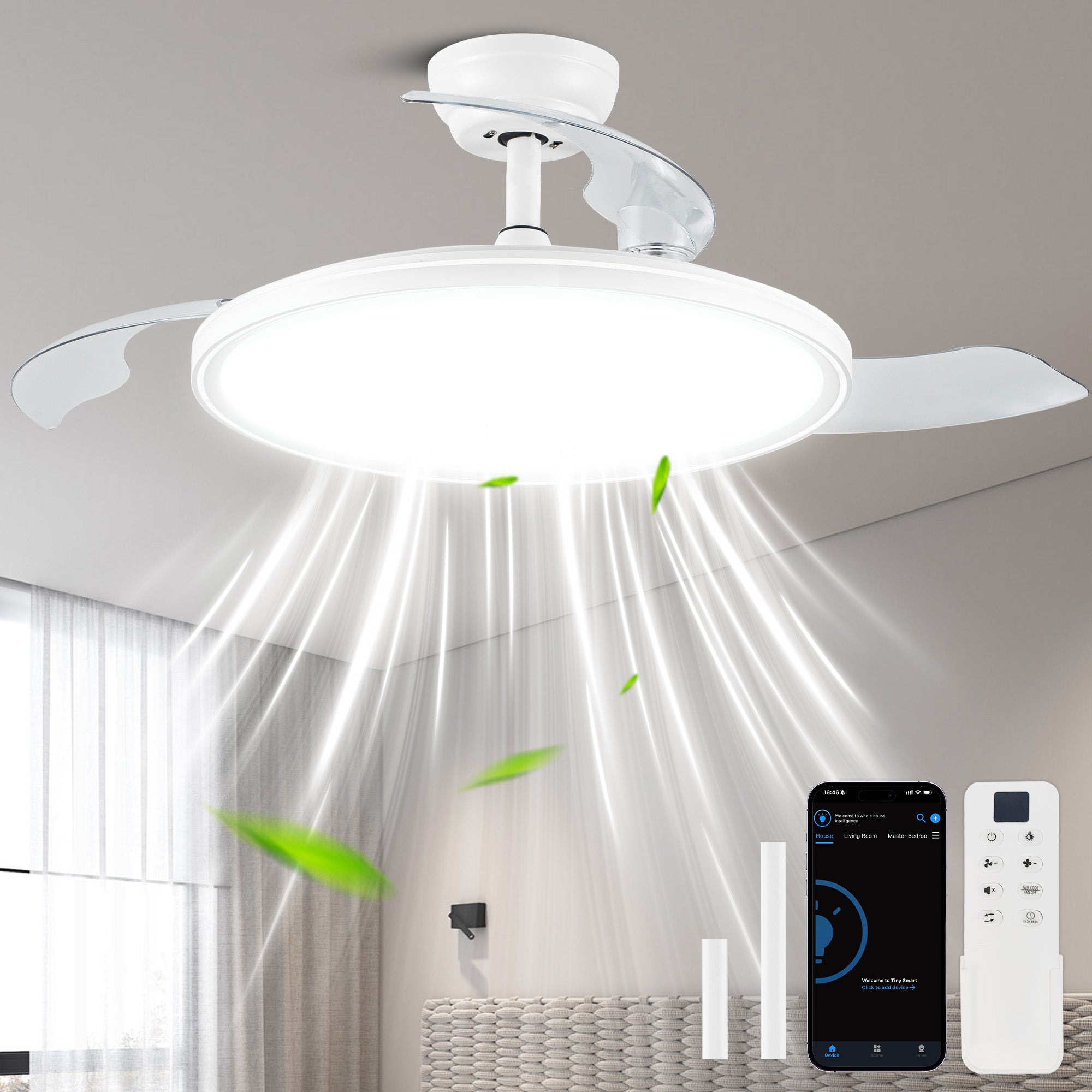 Modern 42 Inch Retractable Ceiling Fan with Light Dimmable LED Light and Quiet DC Motor Ceiling Fan Smart Control Ceiling Fan with Light Suit for Living Room, Bedroom and Kitchen