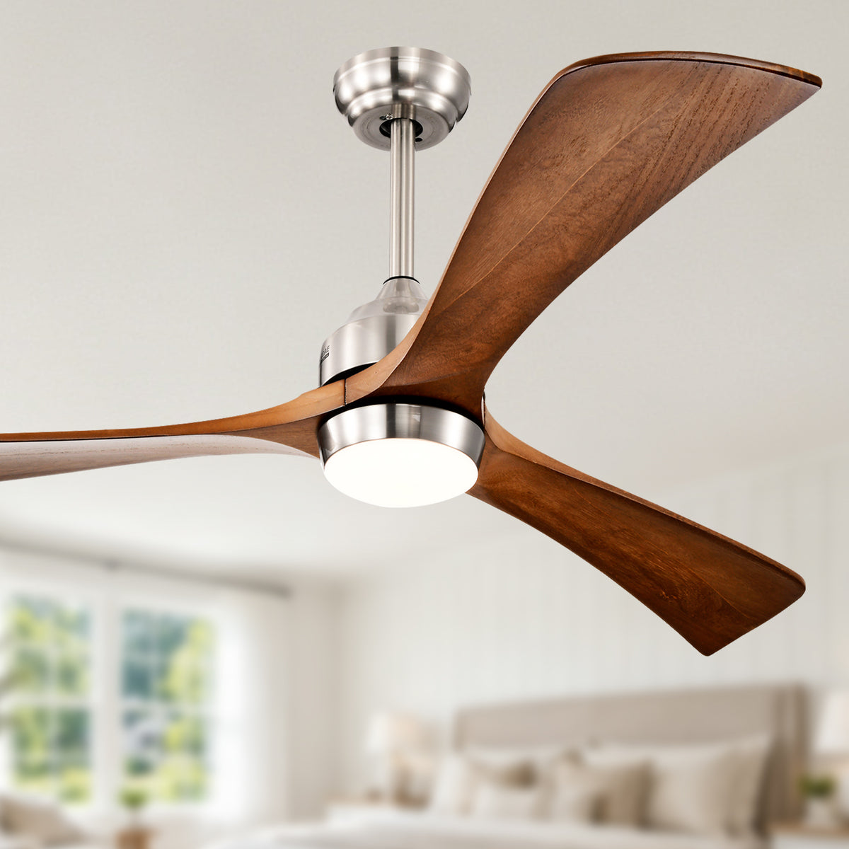 52 Inch Modern Farmhouse Stain Nickel Solid Wood Blade Ceiling Fan with Lights & Remote Control, 6 Speed DC Motor Reversible Ceiling Fan