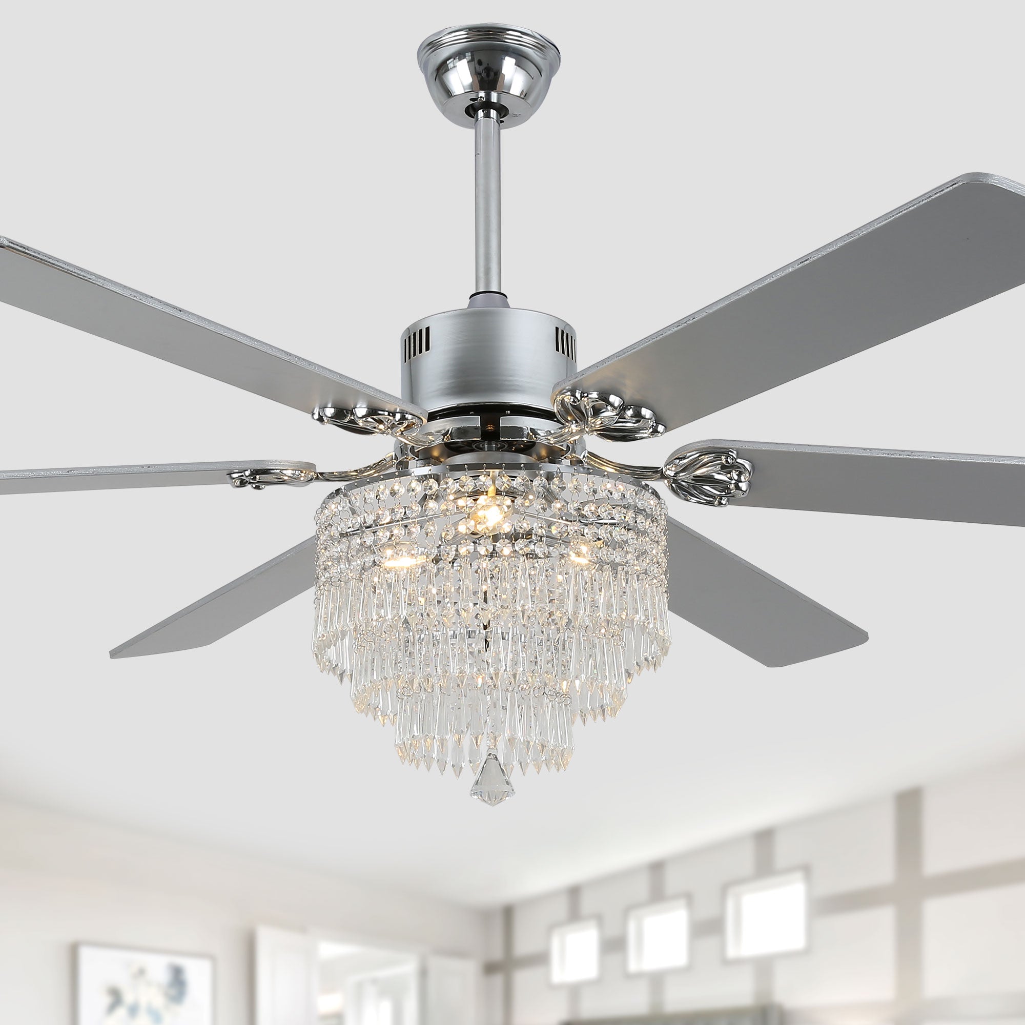 DC6502-BellaDepot 65" Black/Silver Finish Metal Crystal Wooden Reversible Ceiling Fan with Remote and 3 Lights, Large Size Ceiling Fan