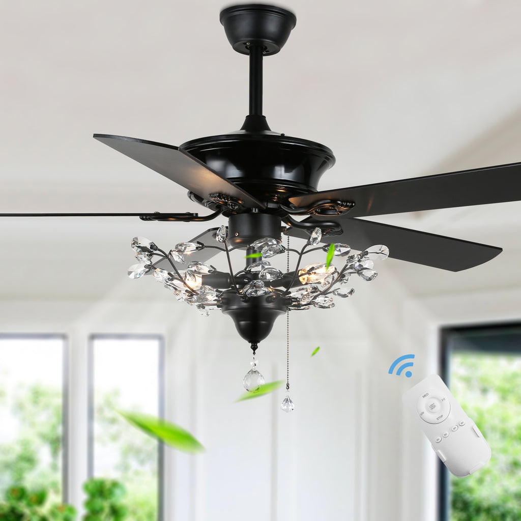 52 Inch Black/Chrome Modern Luxury Cryatal Ceiling Fan with Lights and Remote, 6 Speeds DC Motor Reversible Chandelier Ceiling Fans