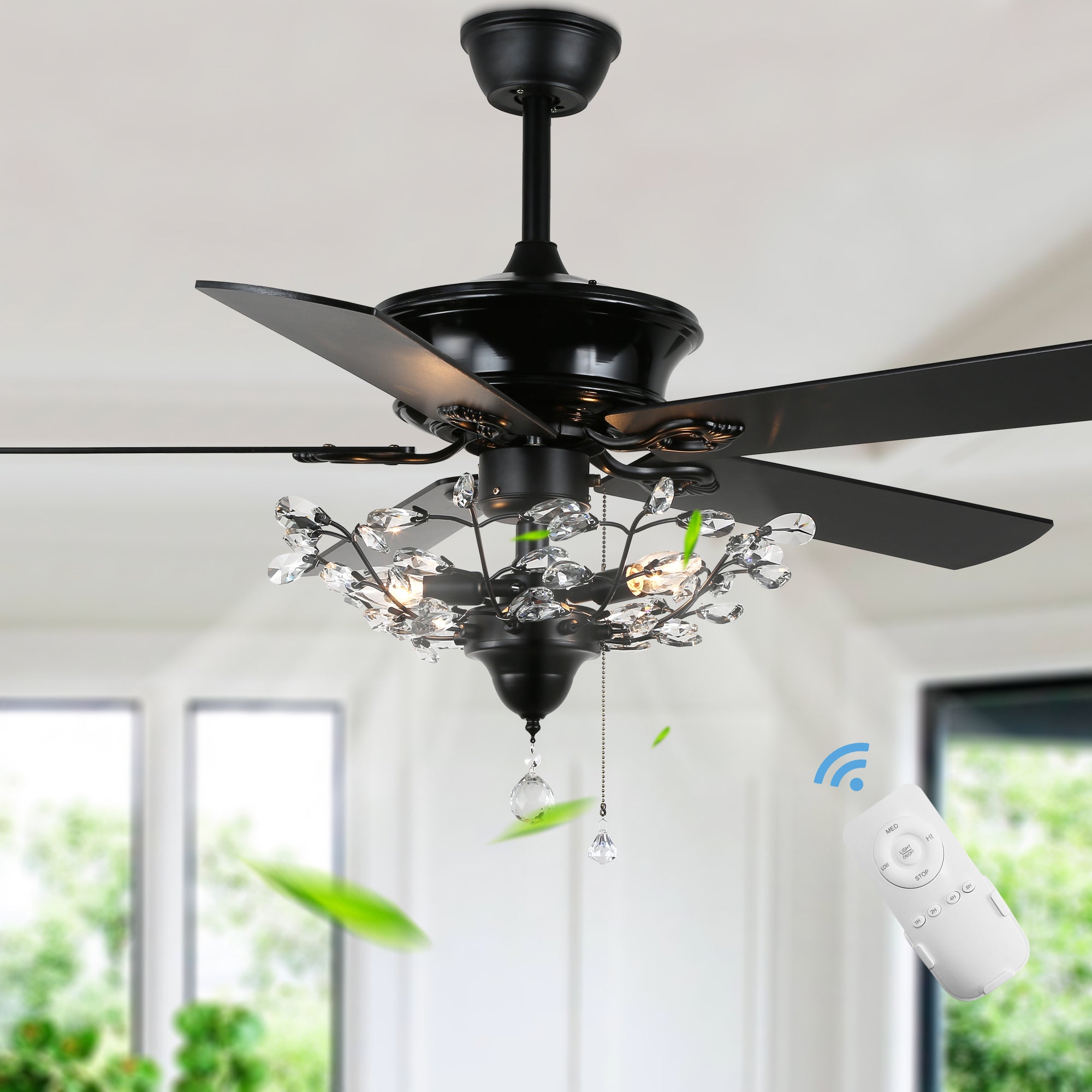 BD2014-BellaDepot 52" Black/Chrome Luxury Crystal Reversible Ceiling Fan with Remote and 3 Lights