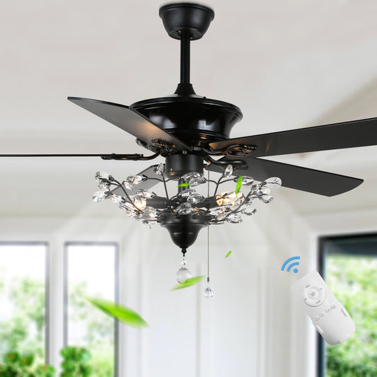 BD2014-52" Black/Chrome Finish Luxury Crystal Reversible Ceiling Fan with Remote and 3 Lights
