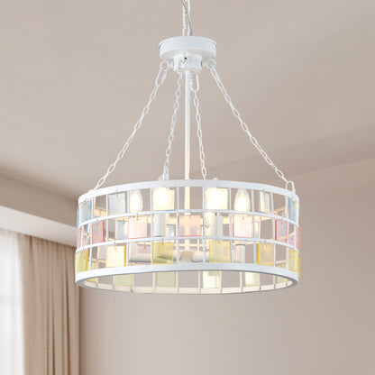 BD4084-W-18" Modern Colorful Accents White Metal Caged Chandelier, Pendant Light, with Adjustable Chain and 6 Lights