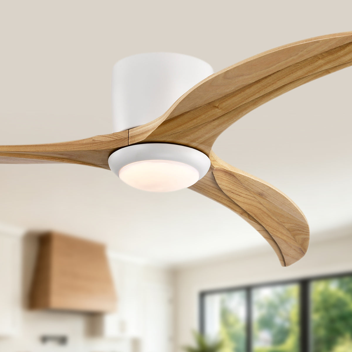 52 Inch Farmhouse Matte White Natural Wood Ceiling Fan with Lights & Remote Control, 6 Speed DC Motor Reversible Ceiling Fan