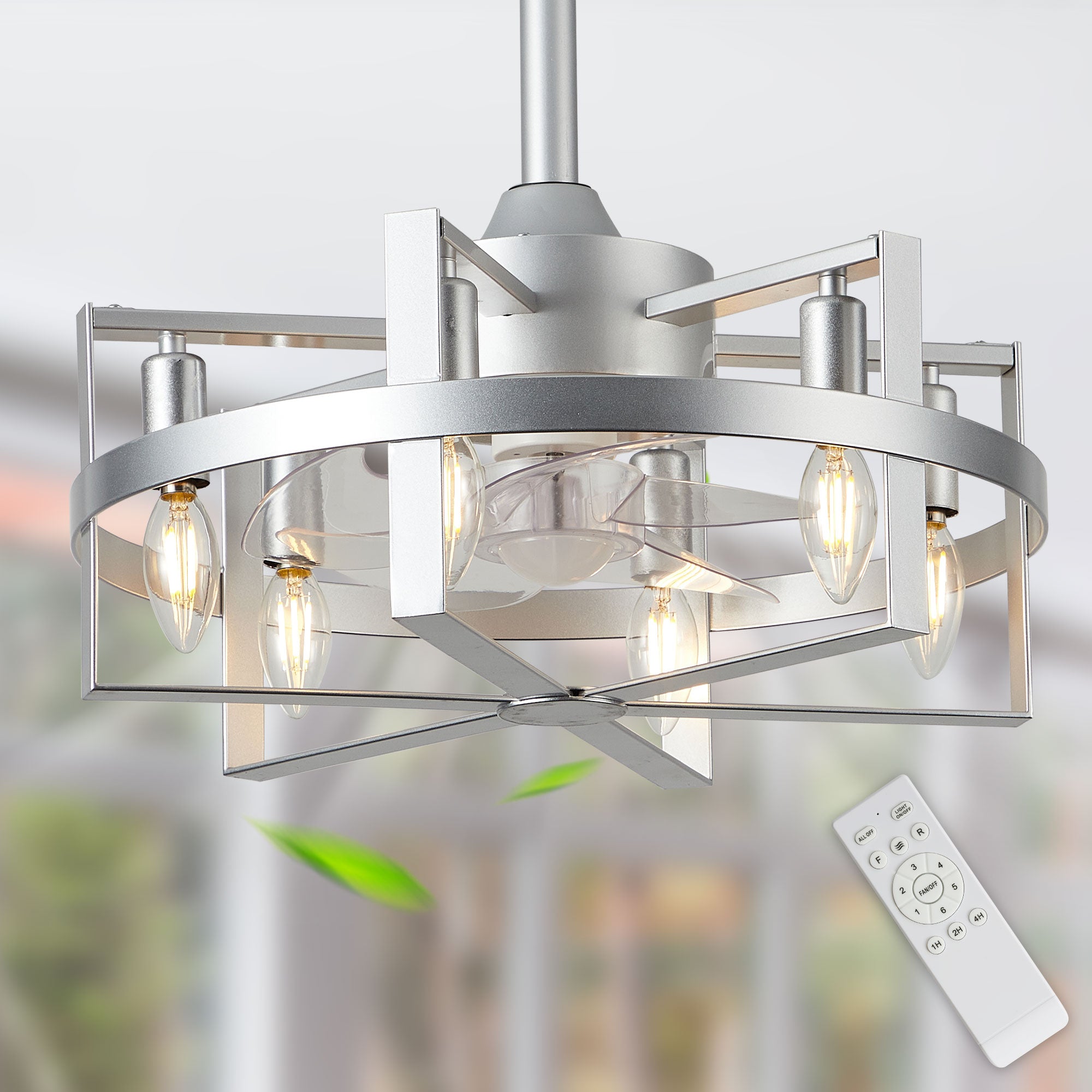 DC1816-BellaDepot 17.7" Black/Silver Industrial Caged Reversible Ceiling Fan with Remote and Lights, DC Motor Ceiling Fan