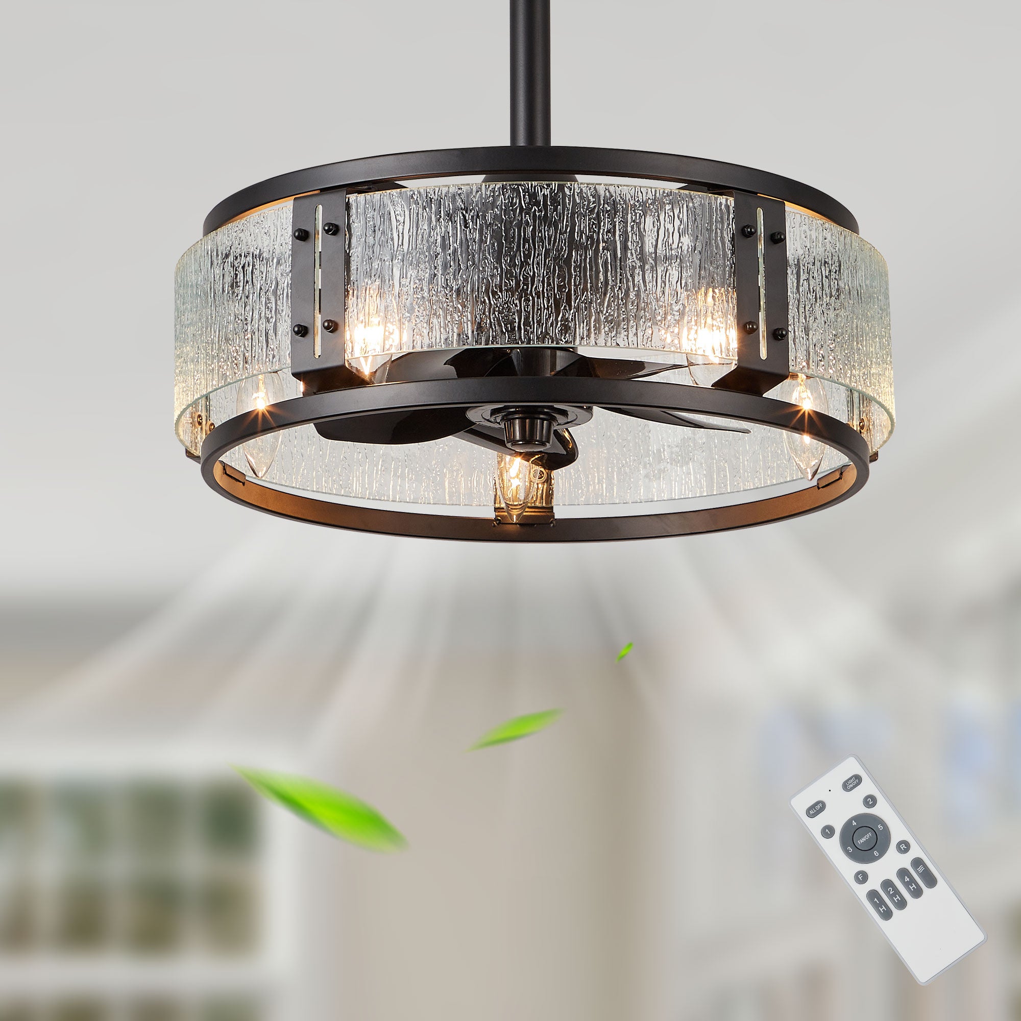 GED004-BellaDepot 18" Modern Water Ripple Glass Reversible Ceiling Fan with Remote and 5 Lights