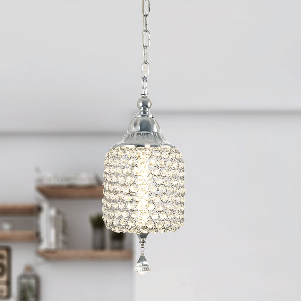 1 - Light Black/Chrome Cylinder Crystal LED Pendant Light, 7.3" Dining Room Light Fixtures Kitchen Island Light