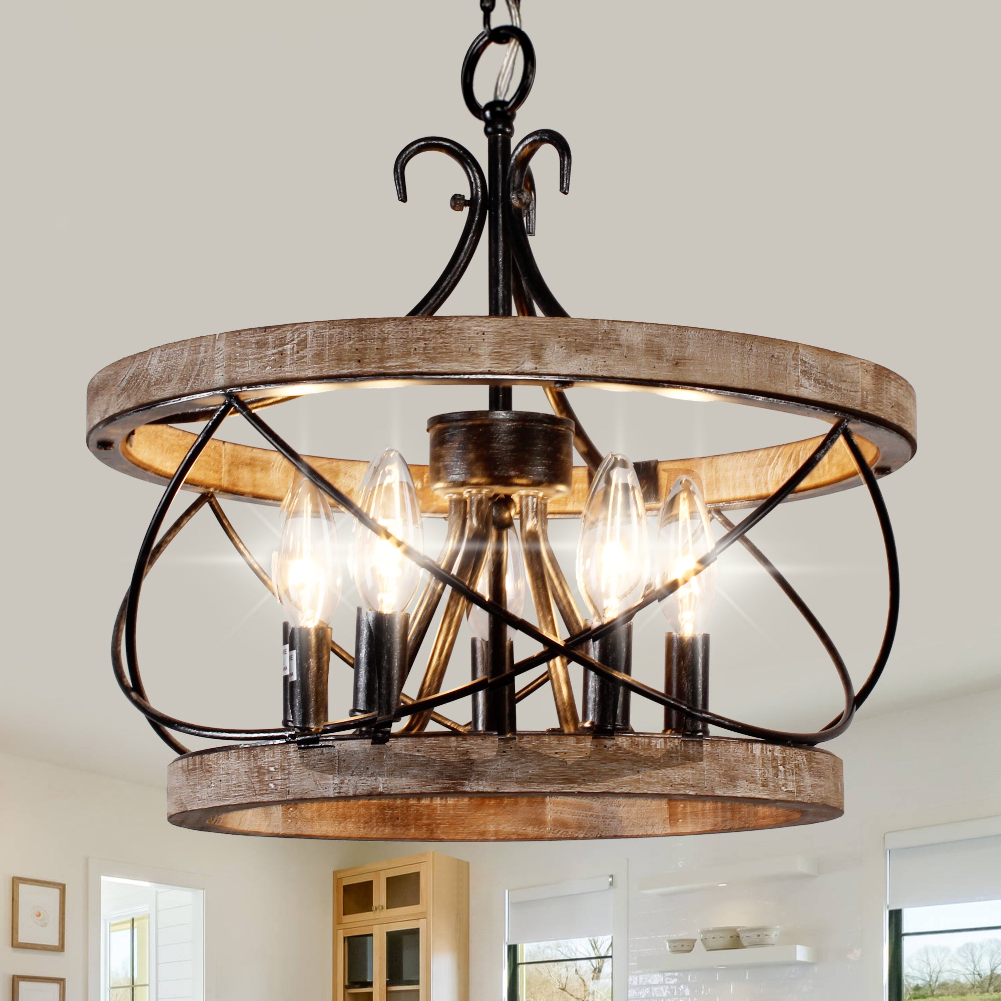 5 - Lights Vintage Caged Drum Chandelier, 20" Farmhouse Wooden Chandelier with Adjustable Chain
