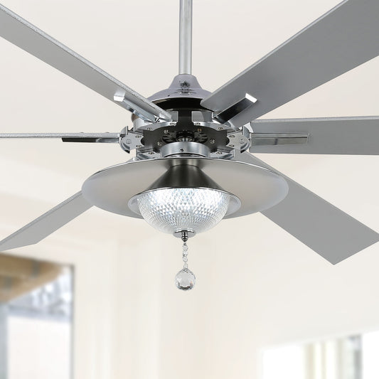 DC7204-72" Large Diameter Silver/Black Color Crystal Reversible Ceiling Fan, with Remote and LED Light Kit, 6 Wooden Blades