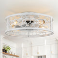 20 Inch Farmhouse Distressed White Flush Mount Caged Ceiling Fan with Lights and Remote, 3 Speeds Reversible Bladeless Fandelier Ceiling Fan