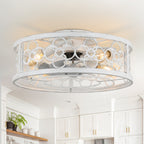 20 Inch Farmhouse Distressed White Flush Mount Caged Ceiling Fan with Lights and Remote, 3 Speeds Reversible Bladeless Fandelier Ceiling Fan