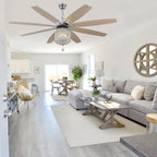 DC6504-BellaDepot 65" 8 Wooden Blades Silver Finish Crystal Reversible Ceiling Fan with Remote and 3 Lights, Large Size 6-speed Ceiling Fan