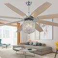 DC6504-BellaDepot 65" 8 Wooden Blades Silver Finish Crystal Reversible Ceiling Fan with Remote and 3 Lights, Large Size 6-speed Ceiling Fan