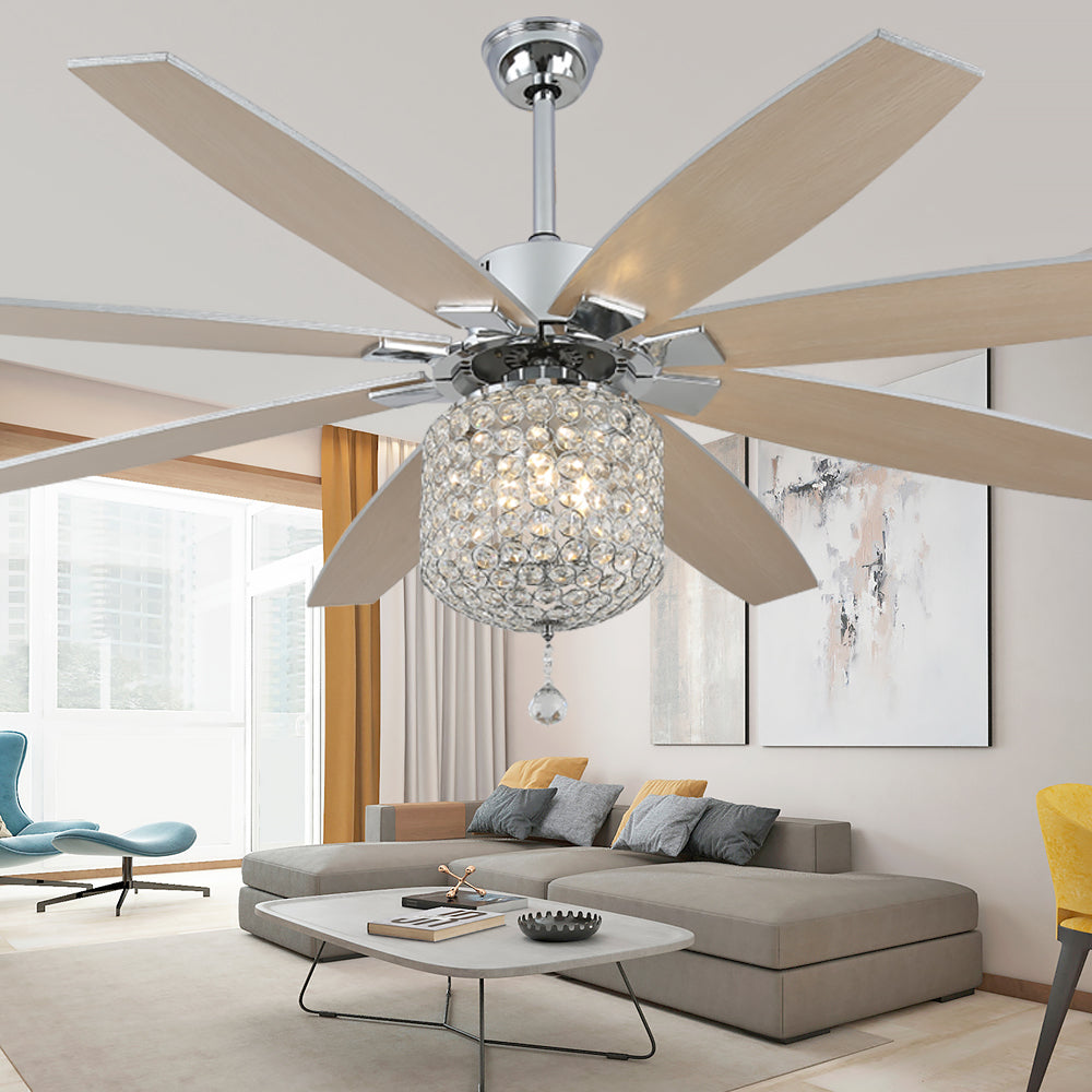 DC6504-BellaDepot 65" 8 Wooden Blades Silver Finish Crystal Reversible Ceiling Fan with Remote and 3 Lights, Large Size 6-speed Ceiling Fan