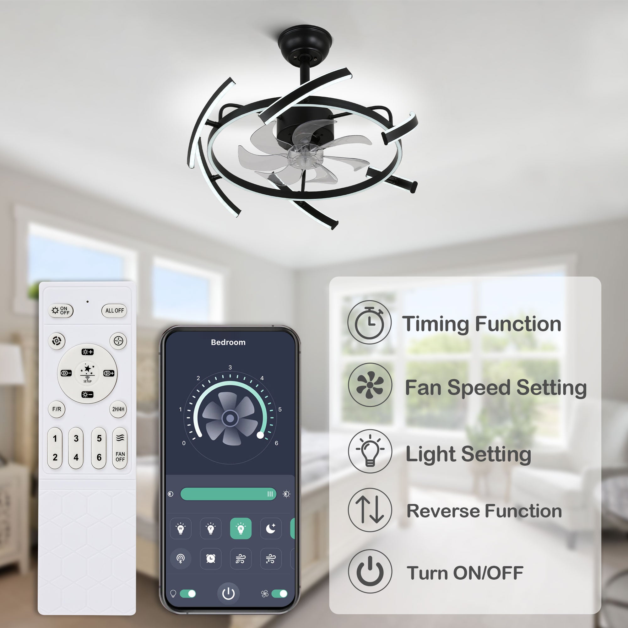 24 Inch Black Modern Smart Ceiling Fan with Dimmable LED Light and Remote, 6 Speeds DC Motor Reversible Bladeless Ceiling Fan with DIY Shape