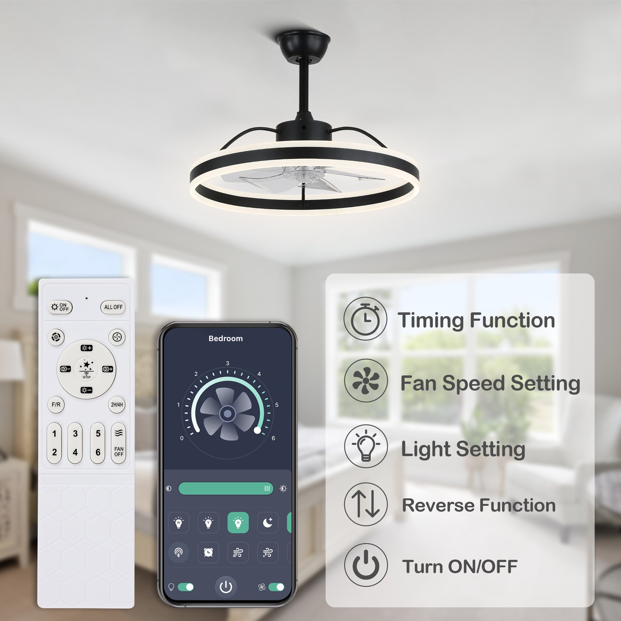 24 Inch Black/Gold/White/Coffee Modern Smart LED Ceiling Fan with Light and Remote, 6 Speeds DC Motor Fandelier Ceiling Fan