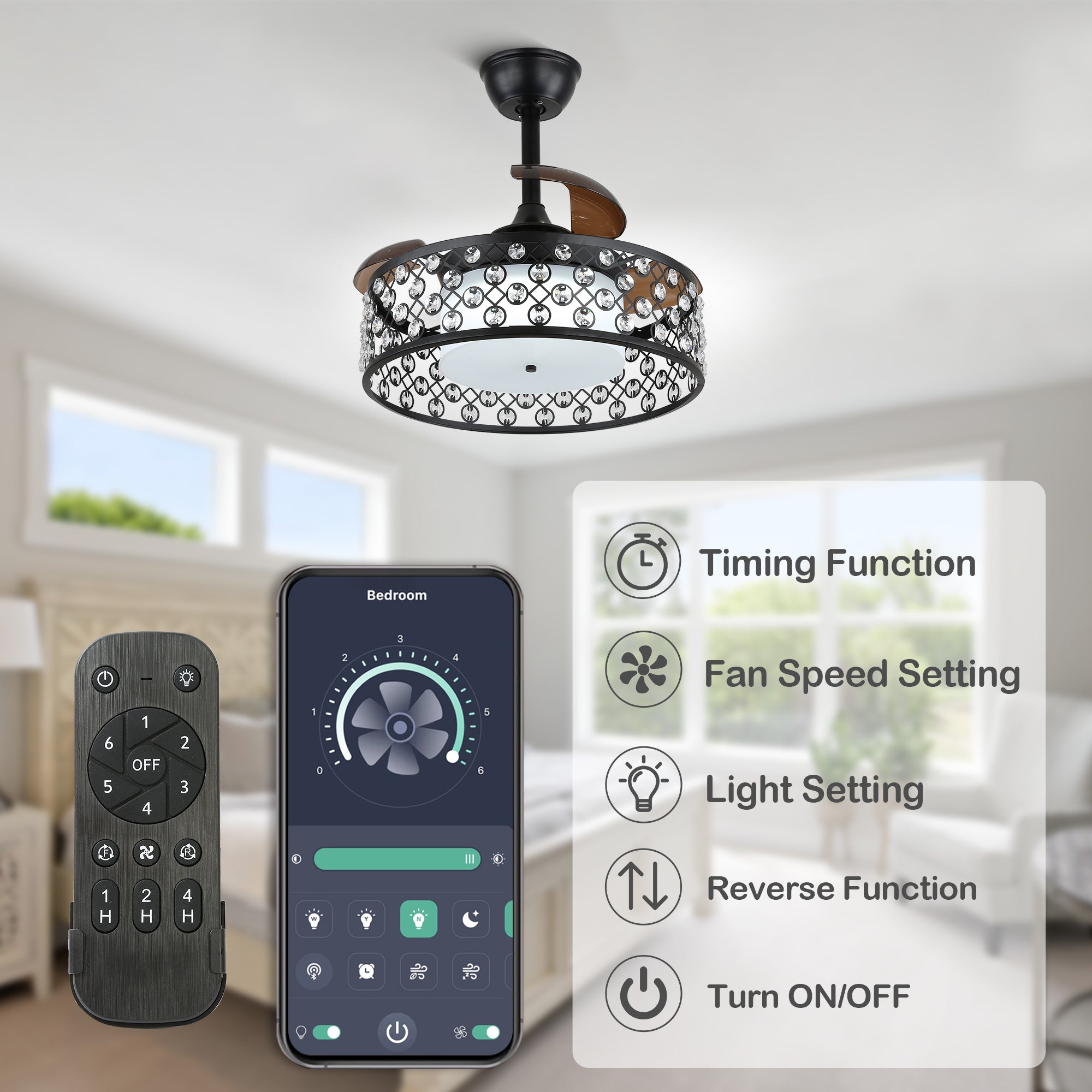 DC2204-BellaDepot 22" Classic Retractable Ceiling Fan with Remote and LED Light Kit Included, Dimmable Ceiling Fan