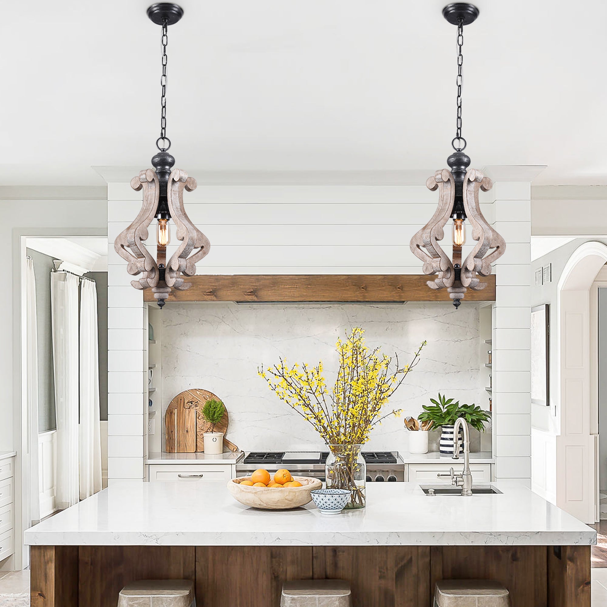 1 - Light Rustic Distressed Wood/White Chandelier, 12.6" Wooden Farmhouse Chandelier Kitchen Island Light Pendant Light