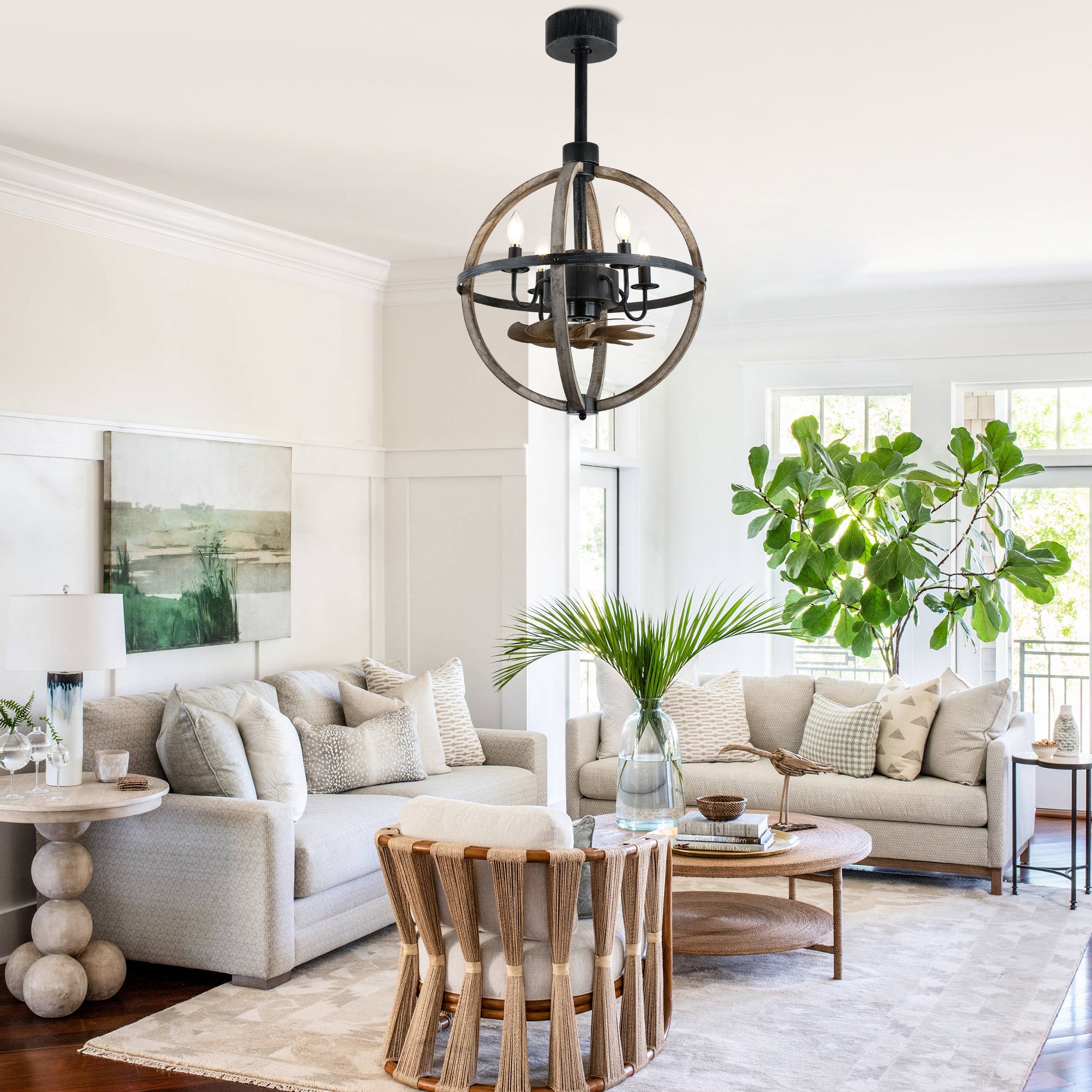 BD1502-BellaDepot 14.6" Farmhouse Distressed Wood Reversible Ceiling Fan with Remote and 4 Lights