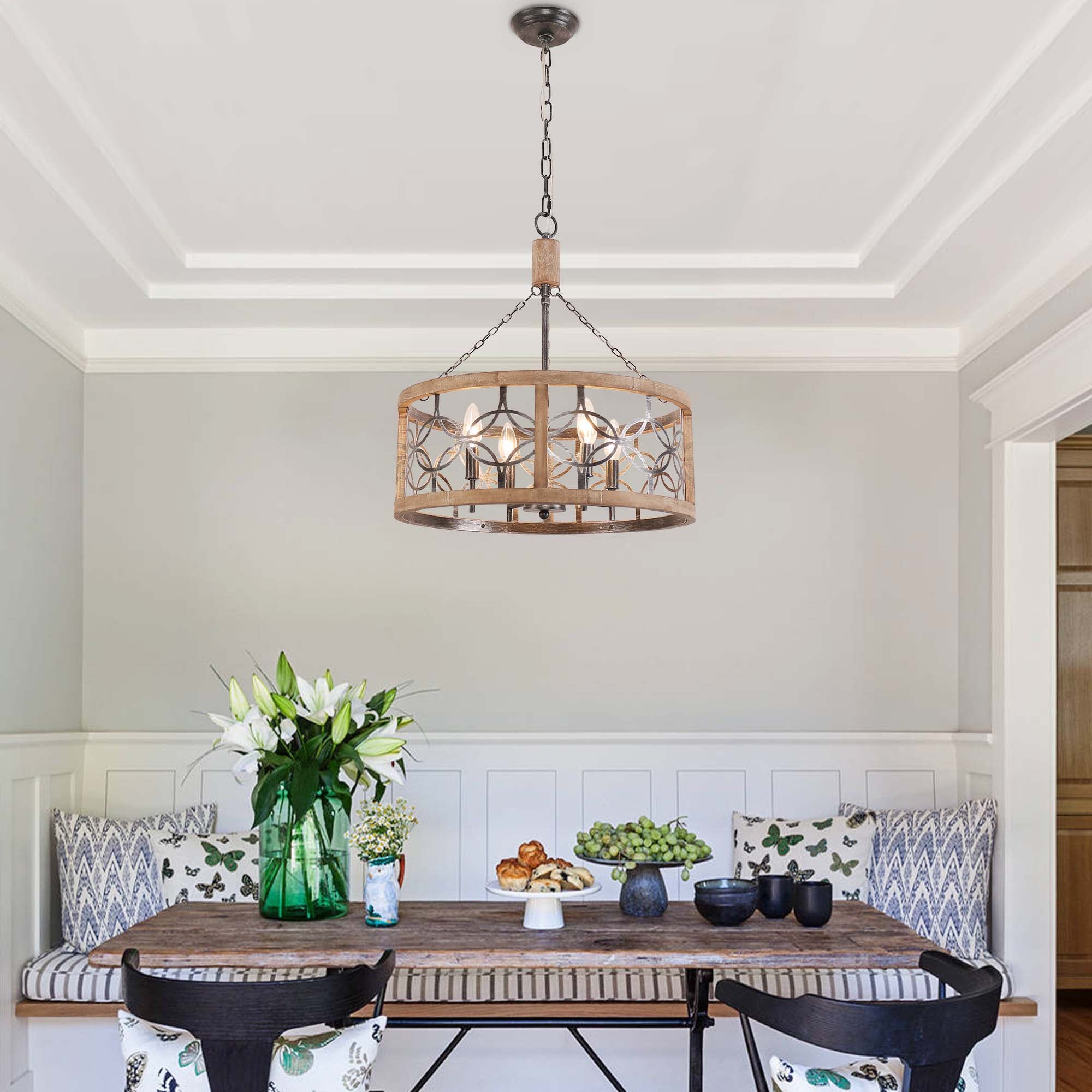 4-Light Solid Wood Farmhouse Drum Chandelier, Rustic Caged Pendant Light, 19.7" Dining Room Chandelier, Kitchen Island Ceiling Lighting