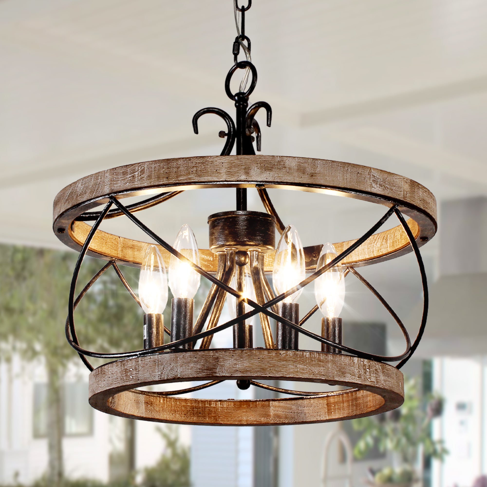 5 - Lights 15.7" Distressed Wood/White Mid-Century Caged Chandelier, Adjustable Chain Pendant Light Rustic Drum Chandelier