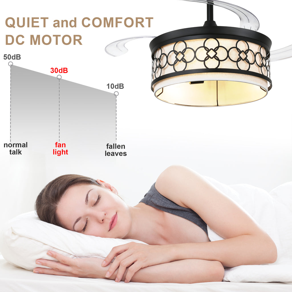 42 Inch Black Retractable Ceiling Fan with Lights and Remote, 6 Speeds DC Motor Farmhouse Black Bladeless Ceiling Fan for Bedroom