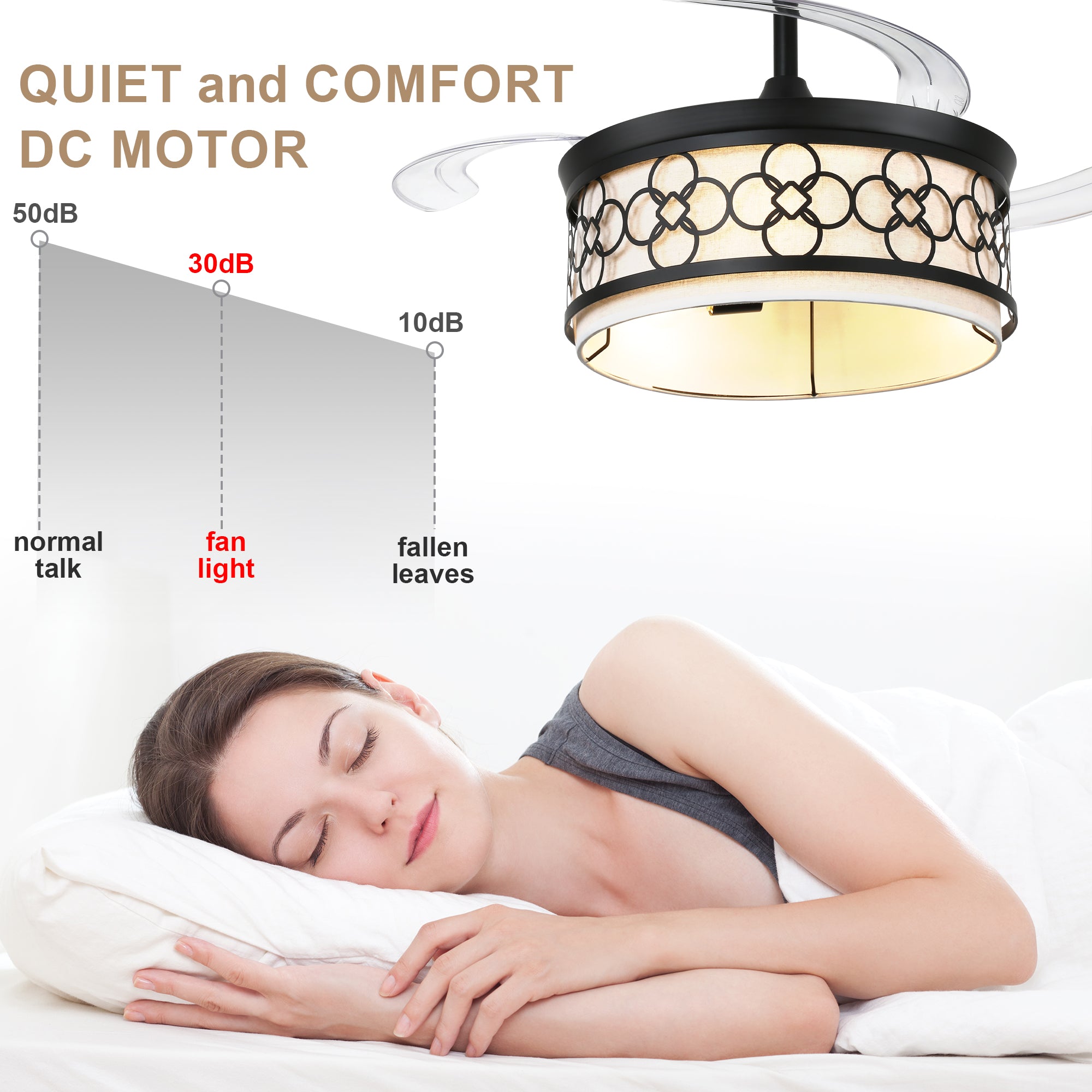 42 Inch Black Retractable Ceiling Fan with Lights and Remote, 6 Speeds DC Motor Farmhouse Black Bladeless Ceiling Fan for Bedroom