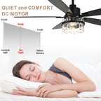 52 Inch Modern Glam Crystal Ceiling Fan with Light and Remote, 6-Speed Reversible DC Motor Large Ceiling Fan for Living Room