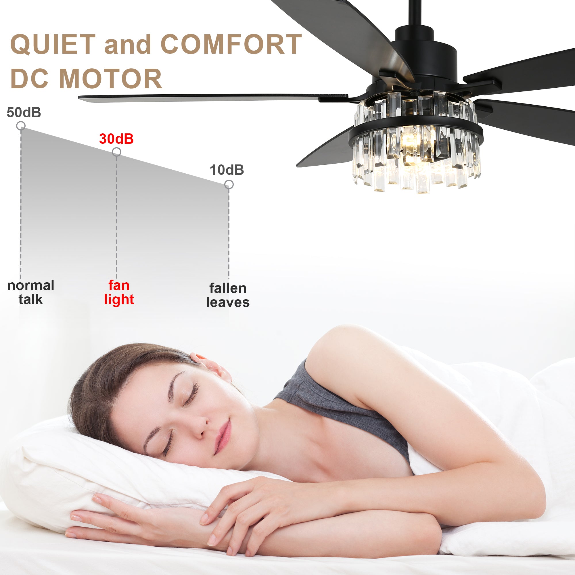 52 Inch Modern Glam Crystal Ceiling Fan with Light and Remote, 6-Speed Reversible DC Motor Large Ceiling Fan for Living Room