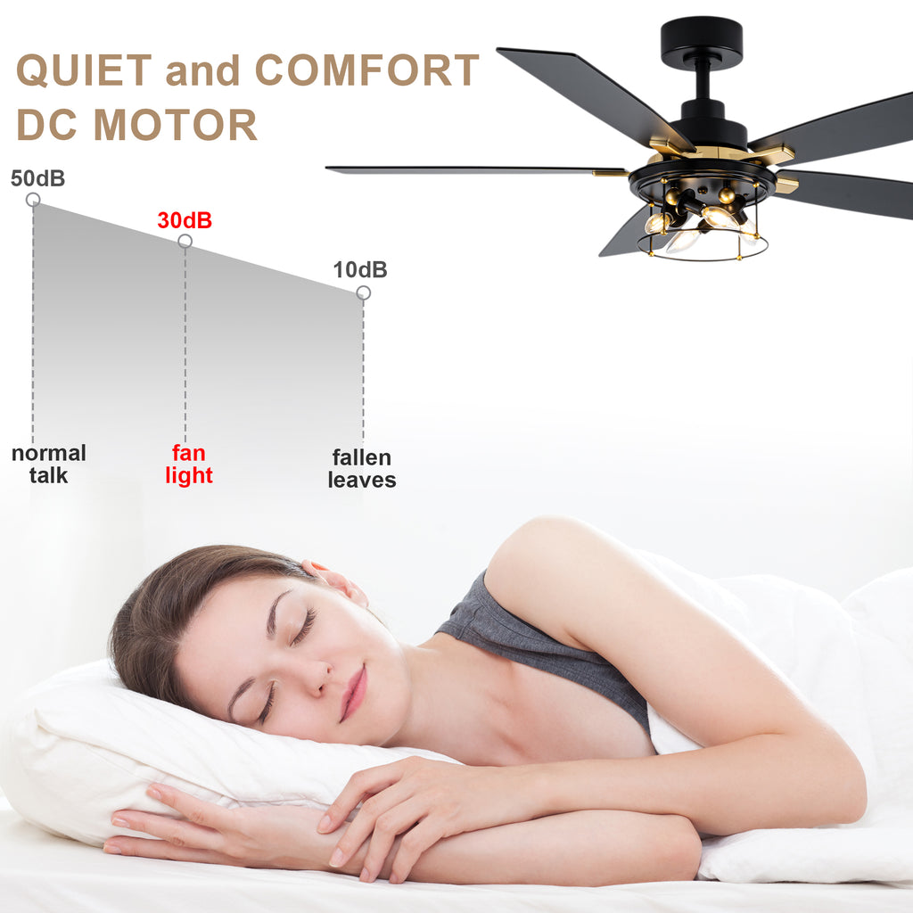 Industrial 52 Inch Gold/Black Caged Ceiling Fan with Light Quiet Reversible DC Motor with 6 Speed Remote Control Ceiling Fan 5 Blades Ceiling Fan Suit for Kitchen Bedroom Living Room