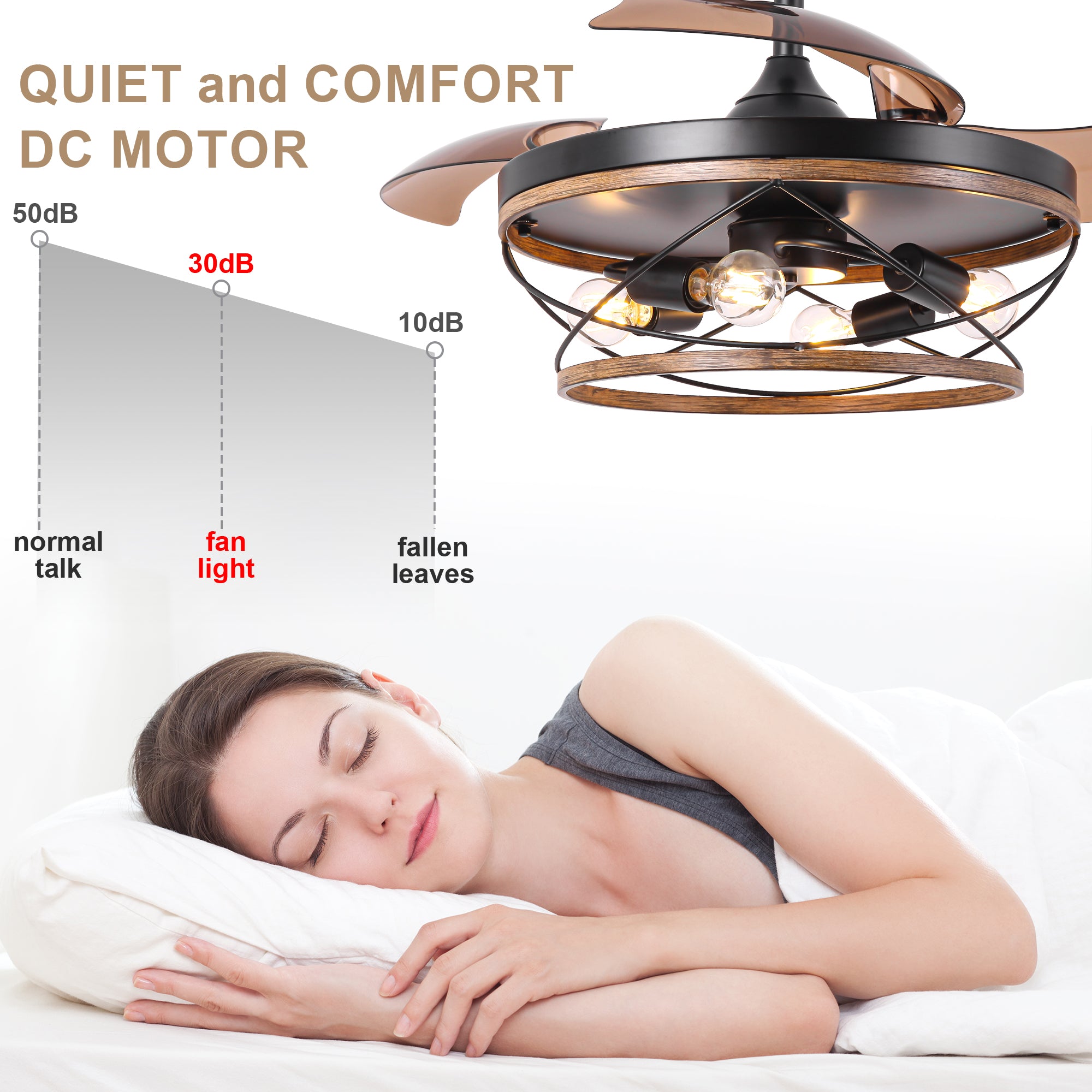 42 Inch Farmhouse Retractable Ceiling Fan with Lights and Remote Control, 6 Speeds Reversible Bladeless Ceiling Fan for Bedroom