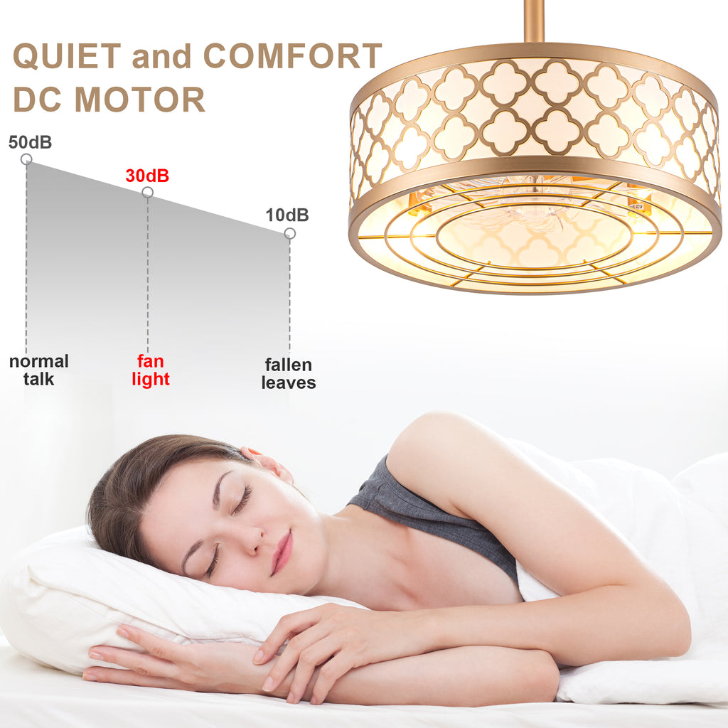18 Inch Gold Drum Caged Ceiling Fan with Lights and Remote, 6 Speeds DC Motor Reversible Bladeless Fandelier Ceiling Fan