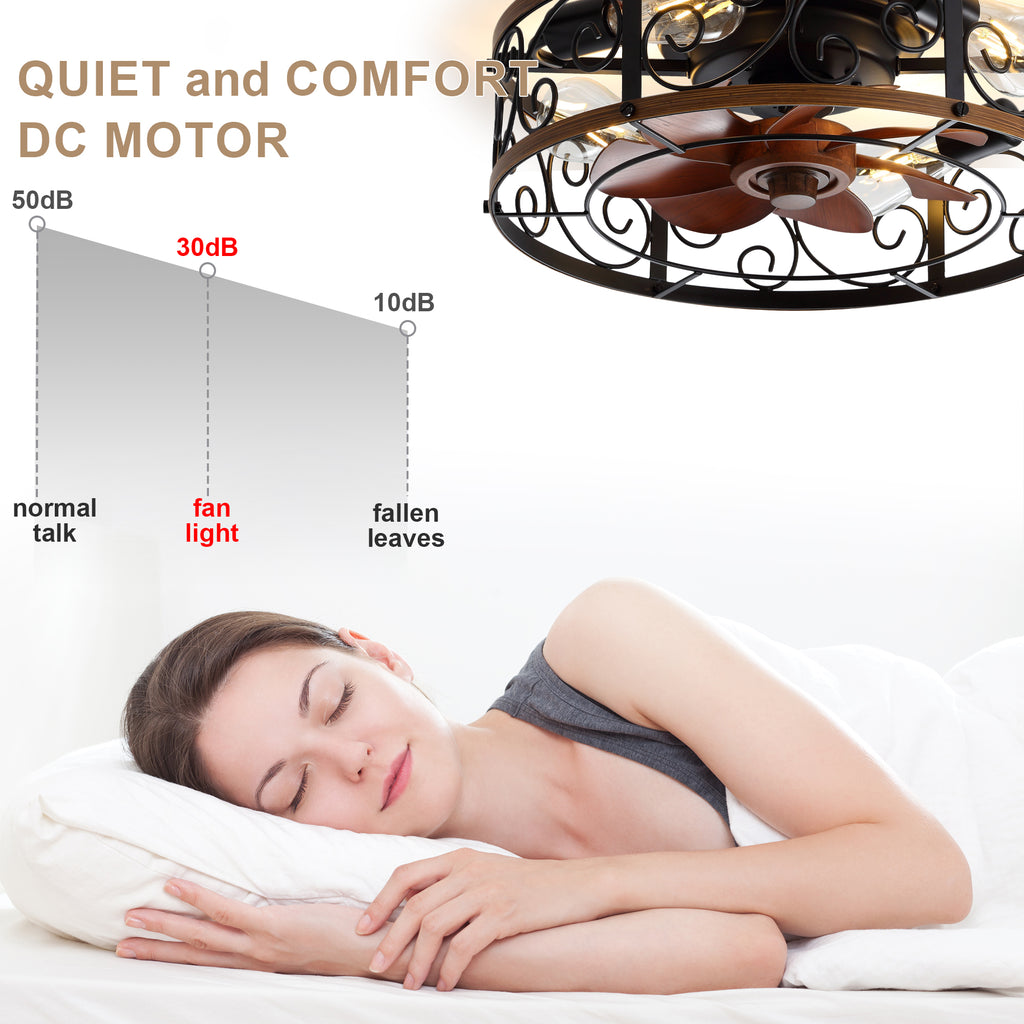 18 Inch Rustic Farmhouse Industrial Flush Mount Ceiling Fan with Lights and Remote, 6 Speeds DC Motor Reversible Low Profile Ceiling Fan