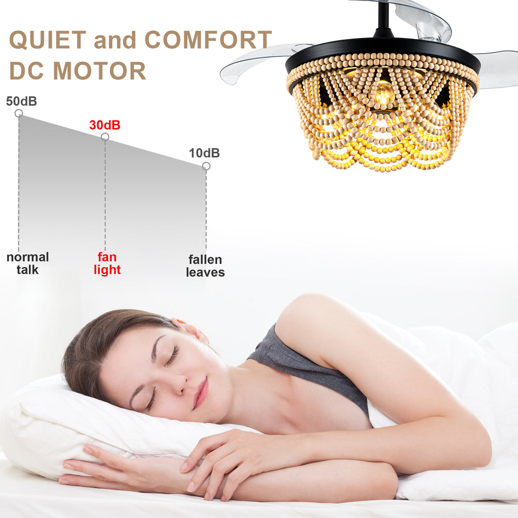 42 Inch Black Bohemian Retractable Ceiling Fan with Lights and Remote, 6 Speeds DC Motor Bladeless Fandelier Ceiling Fan with Wood Beaded Shade