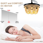 42 Inch Black Bohemian Retractable Ceiling Fan with Lights and Remote, 6 Speeds DC Motor Bladeless Fandelier Ceiling Fan with Wood Beaded Shade