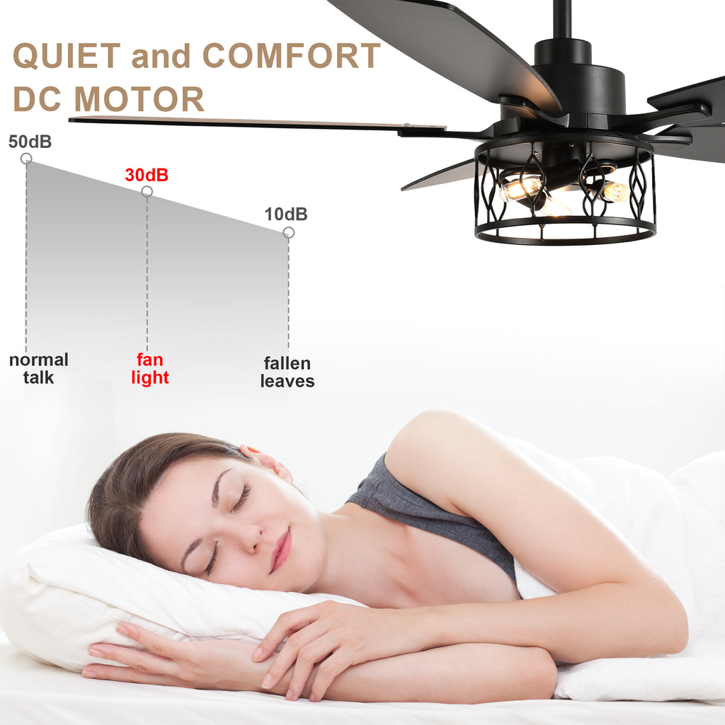 52 Inch Black Modern Ceiling Fan with Lights and Remote Control, 6 Speeds DC Motor Reversible Ceiling Fan for Living Room