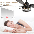52 Inch Black Modern Ceiling Fan with Lights and Remote Control, 6 Speeds DC Motor Reversible Ceiling Fan for Living Room