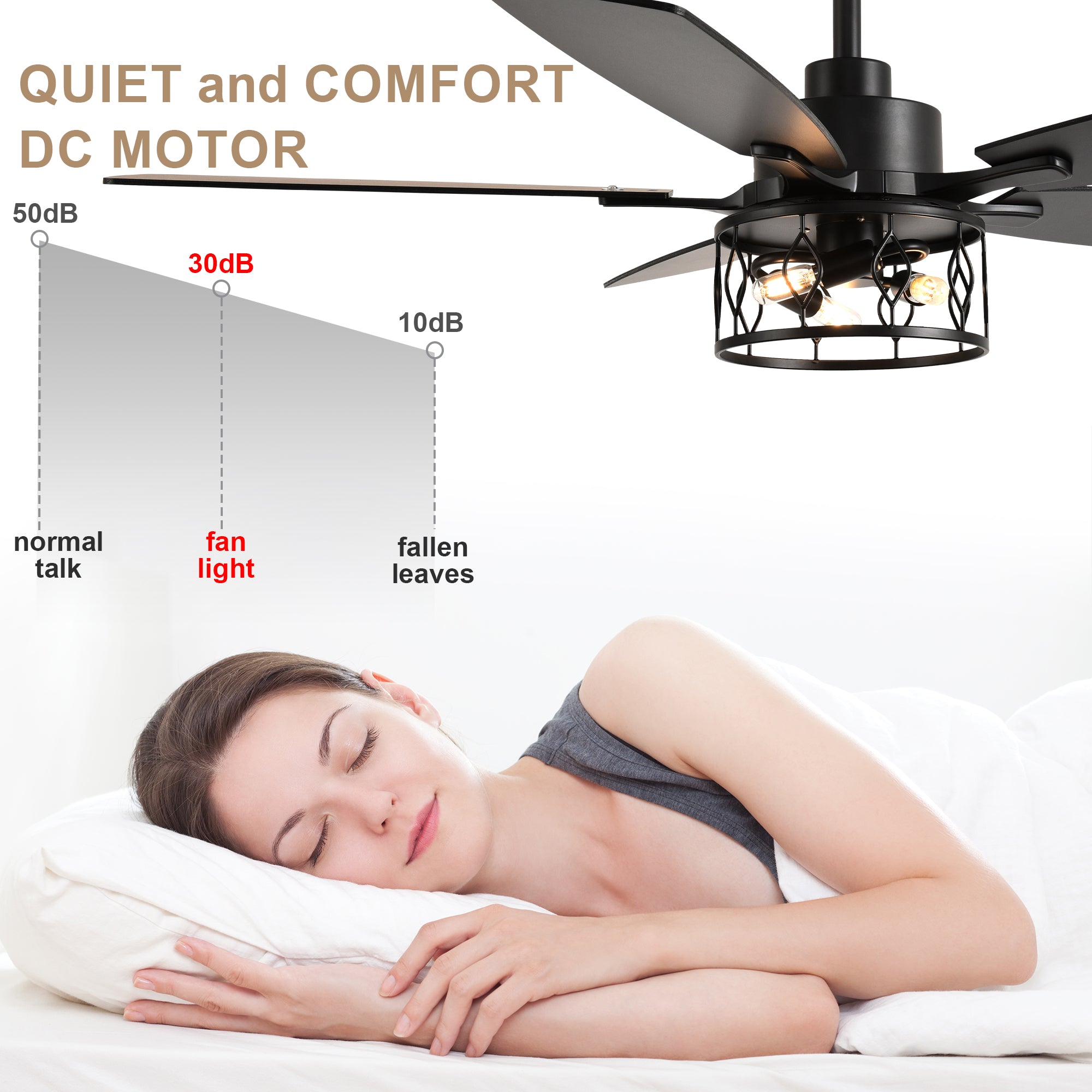 52 Inch Black Modern Ceiling Fan with Lights and Remote Control, 6 Speeds DC Motor Reversible Ceiling Fan for Living Room