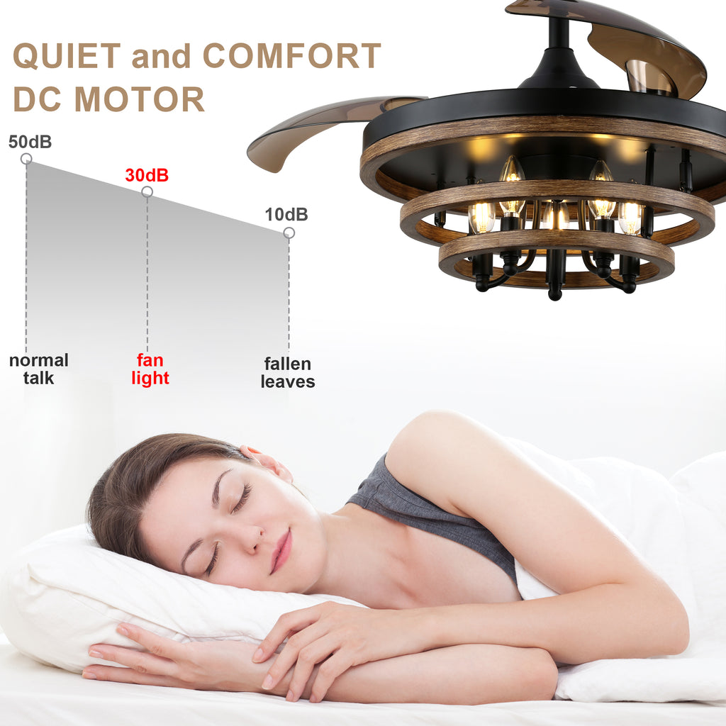 42 Inch Black Farmhouse Retractable Ceiling Fan with Lights and Remote Control, 6 Speeds Reversible Fandelier Ceiling Fan with DIY Shade