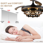 42 Inch Black Farmhouse Retractable Ceiling Fan with Lights and Remote Control, 6 Speeds Reversible Fandelier Ceiling Fan with DIY Shade