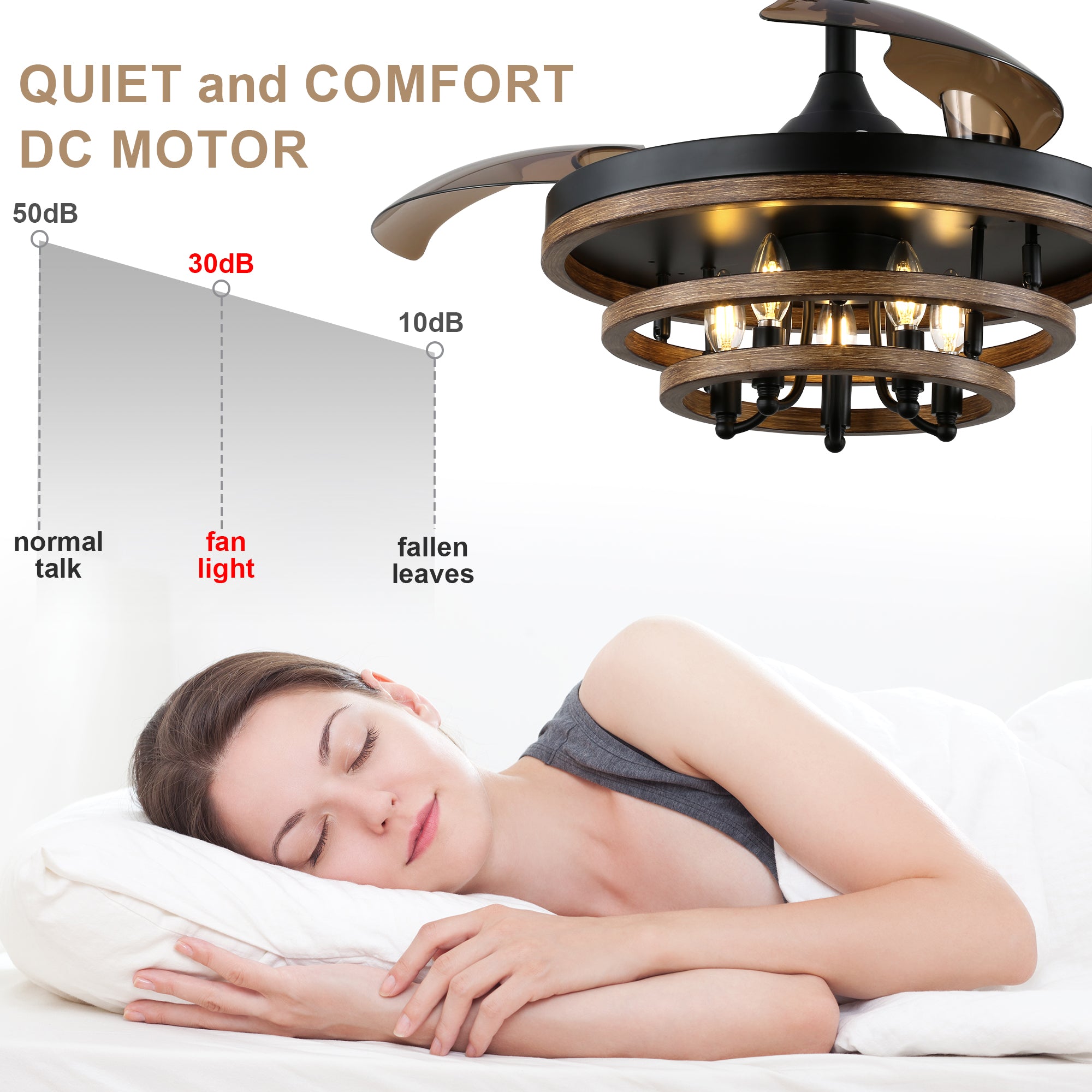 42 Inch Black Farmhouse Retractable Ceiling Fan with Lights and Remote Control, 6 Speeds Reversible Fandelier Ceiling Fan with DIY Shade