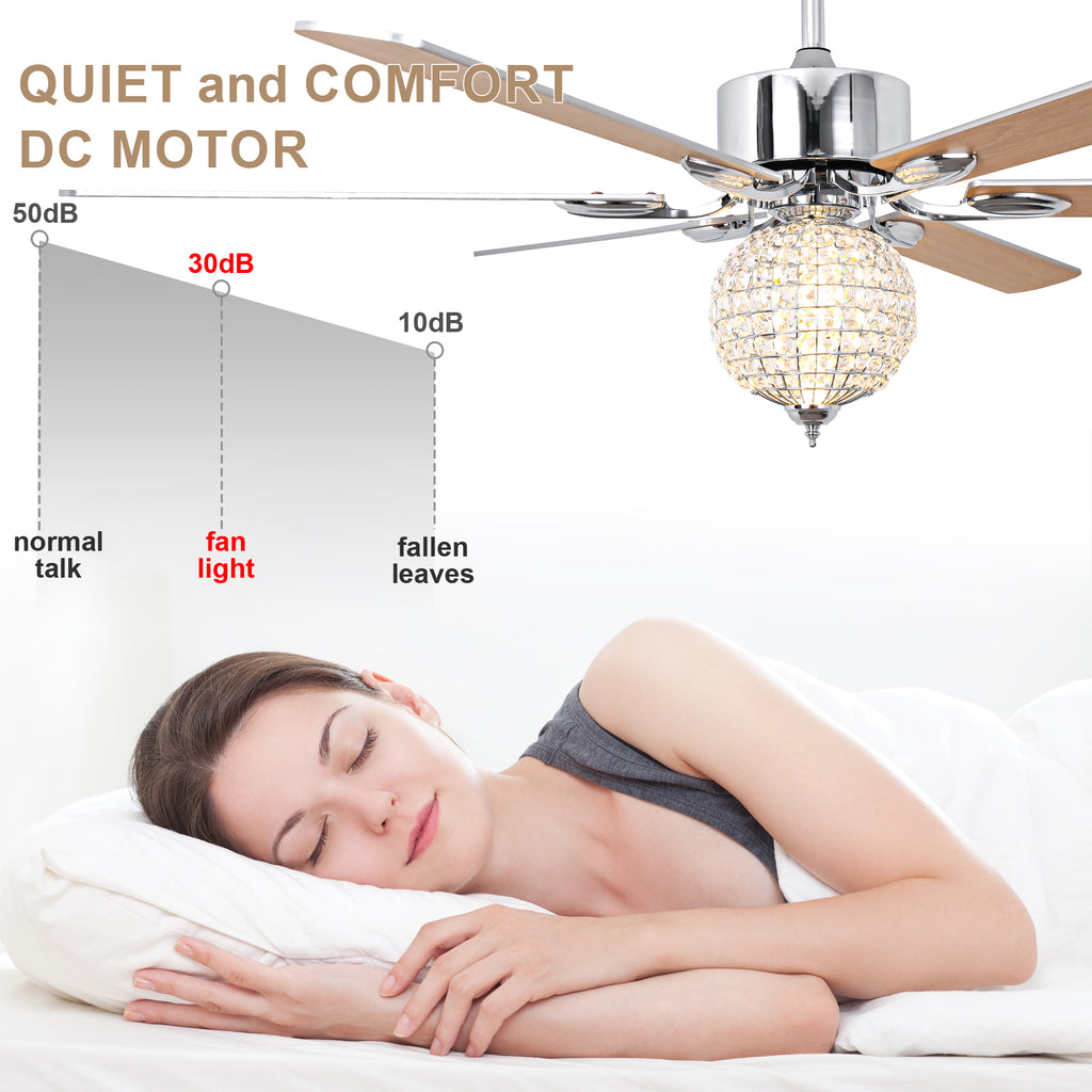 65 Inch Modern Luxury Crystal Ceiling Fan with LED Lights and Remote Control, 6 Speeds Reversible Chrome Large Ceiling Fan